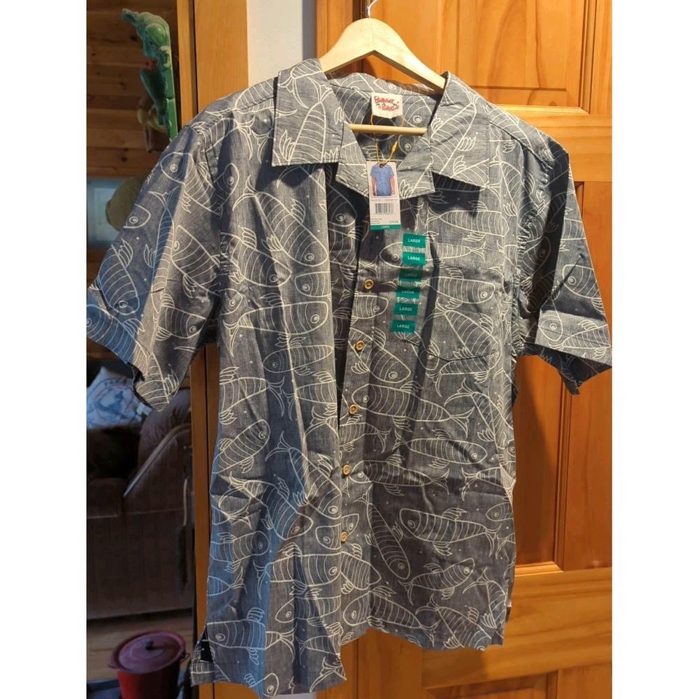 Barefoot in Paradise Men's Grey Fish Hawaiian Button Down Shirt Size Large READ!